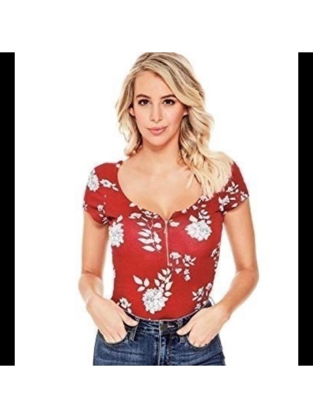 Guess Red and White Floral Zip up Bodysuit